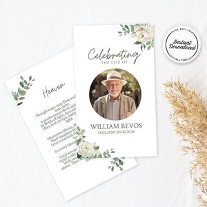 Plantilla editable de tarjeta de oración fúnebre con vegetación para celebrar la vida Tarjeta conmemorativa moderna Orden de servicio fúnebre católica elegante