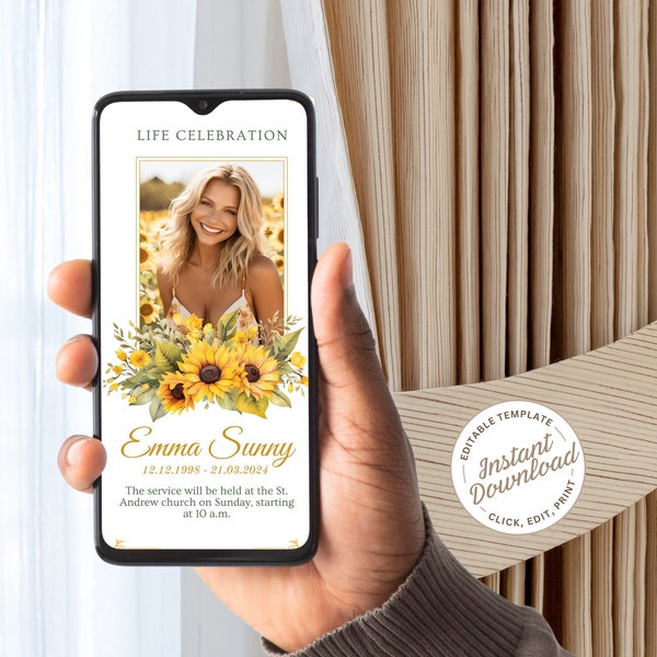 Digital Catholic Sunflower Celebration of Life Funeral Invitation Editable Text Message Template Electronic Card For Memorial Service