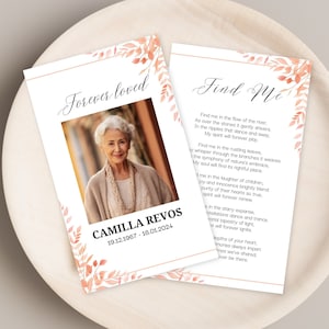Cartão de oração funeral editável Download digital mínimo Verdura Simples elegante modelo de cartões memoriais Celebração moderna da vida para mulher