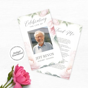 Cartões memoriais editáveis para celebração da vida modelo minimalista download digital cartão de oração fúnebre masculino para ordem de serviço memorial