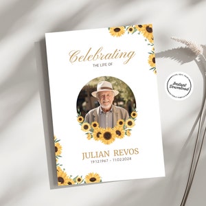 Modello di programma funebre con girasoli, elegante necrologio a due ante, biglietti per la celebrazione della vita, download immediato da Canva
