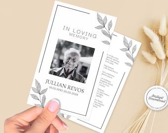 Bearbeitbare Beerdigung Gebetskartenvorlage: Minimalistische Feier des Lebens (druckbar)