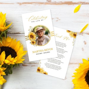 Modèle modifiable de carte de prière pour les funérailles, tournesol catholique, commémoratif, minimaliste, prière imprimable, carte numérique, célébration de la vie pour femme