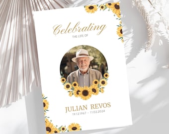 Editable Funeral Program Template For Celebration of Life Sunflower Modern Obituary Template Card For Catholic Order of Service Printable