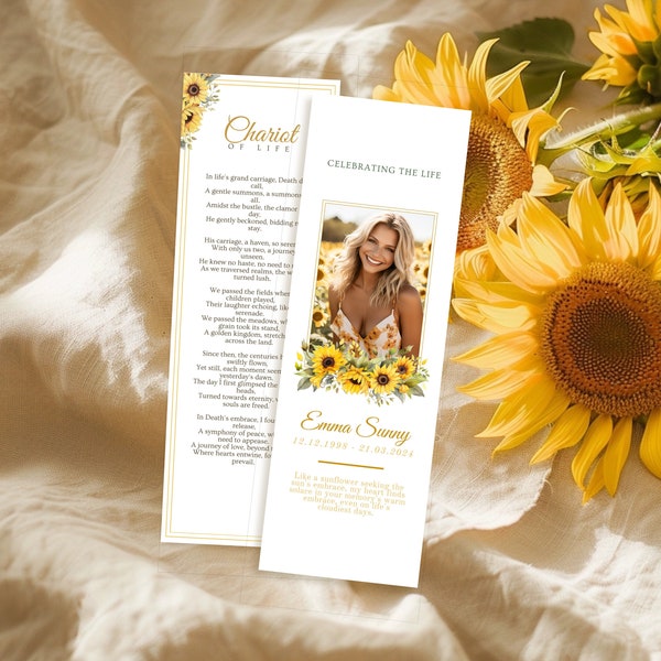 Catholic Funeral Bookmark Sunflower For Celebration Of Life Editable And Printable Digital Funeral Keepsake Floral Elegant Memorial Bookmark