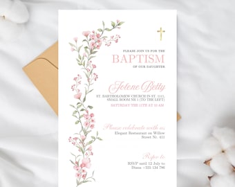 Mädchen Taufe Einladungs Vorlage, rosa geblümt (Digitaler Download)