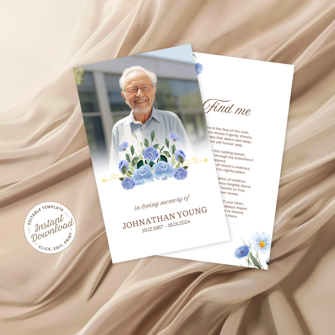 Floral Funeral Prayer Card Template Editable Memorial (digital