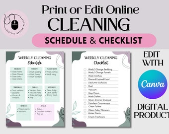 May include: Printable cleaning schedule and checklist with a green and purple color scheme. The checklist includes tasks like washing bedding, cleaning toilets, and emptying trashcans. The schedule includes daily, weekly, and monthly tasks. The text "Edit with Canva" is included in the image.