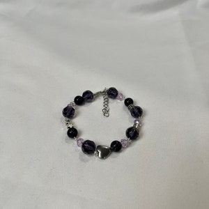 Purple and Silver Beads Bracelet. Silver Charm Star and Heart, Handmade Jewelry, Bracelets with Charms, Adjustable Size Bracelet