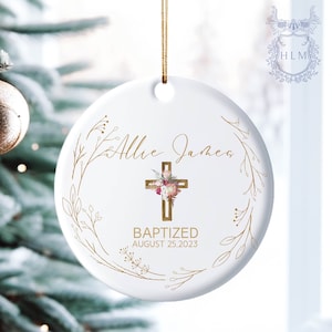 Personalized Baptism Ornament- Custom Baptized Ornament- Christened Floral Cross Ornament Keepsake-  Name + Date Baptism Christmas Gift