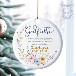 Personalized Godfather Ornament- Godfather Keepsake - Christening Baptism Godfather Ornament Keepsake in Floral Wreath- Gift for Godfather