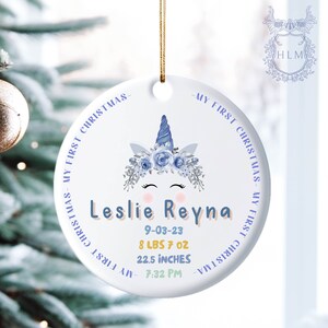 Baby&#39;s First Christmas Unicorn Ornament- Personalized Newborn Baby Stats Ornament- Baby Gift- My First Christmas Personalized- Mom Gift