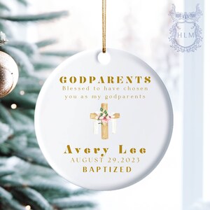 Personalized Godparents Ornament- Godparents Keepsake- Christening Baptism Godparents Ornament- Keepsake with Floral Cross- Godparent Gift