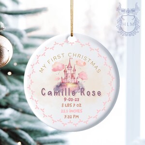 Baby&#39;s First Christmas Ornament- Personalized Newborn Christmas Baby Ornament- My First Christmas- Custom Baby Name Castle Ornament