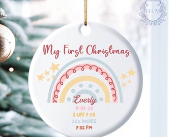 Newborn Birth Stats Ornament- Baby Keepsake- Baby Ornament- Baby Gift Ornament- Newborn Rainbow Ornament- My First Christmas Baby Ornament