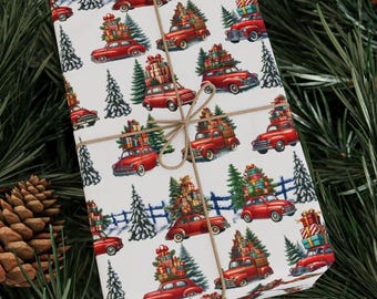 Red Truck Christmas Tree Gift Wrap, Holiday Wrapping Paper