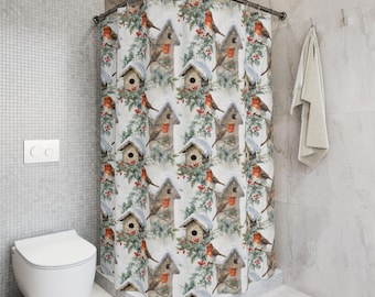 Red Robin Birdhouse Shower Curtain: Rustic Farmhouse Bathroom Decor