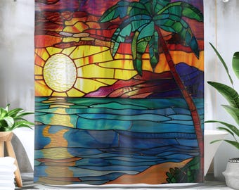 Cortina de ducha Amanecer Tropical: Decoración de playa con vidrieras