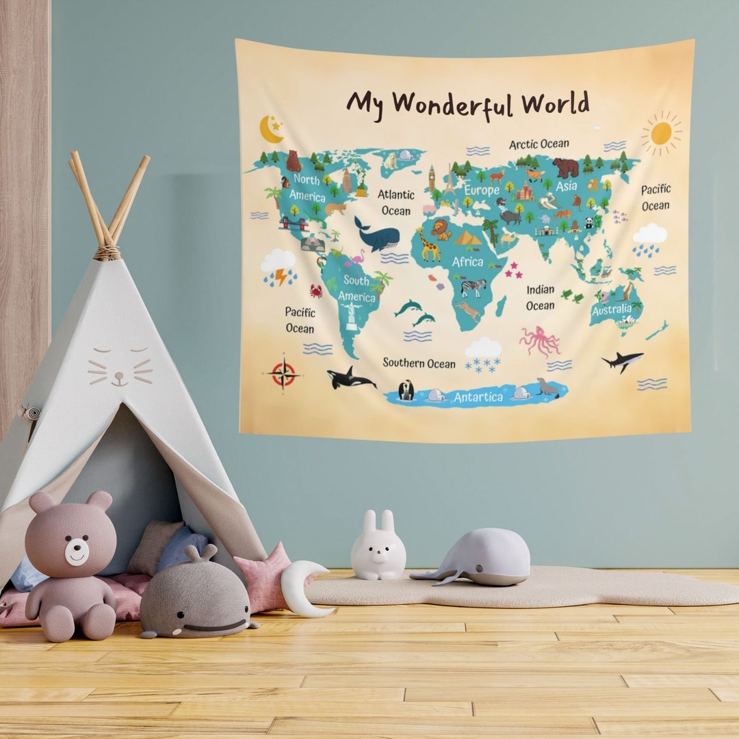 Vintage Kids Room Animal World Map Wall Tapestry, Nursery Room Decor ...