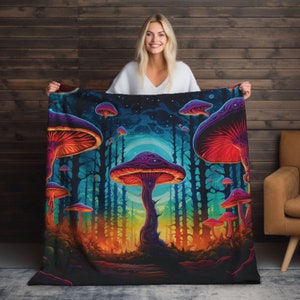 May include: A psychedelic tapestry featuring a forest scene with glowing mushrooms in shades of purple, red, and orange. The mushrooms are surrounded by tall, dark trees and a glowing moon in the background.