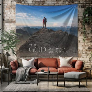 Inspirational Bible Verse Tapestry: Mountain Top Religious Decor