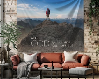 Inspirational Bible Verse Tapestry: Mountain Top Religious Decor