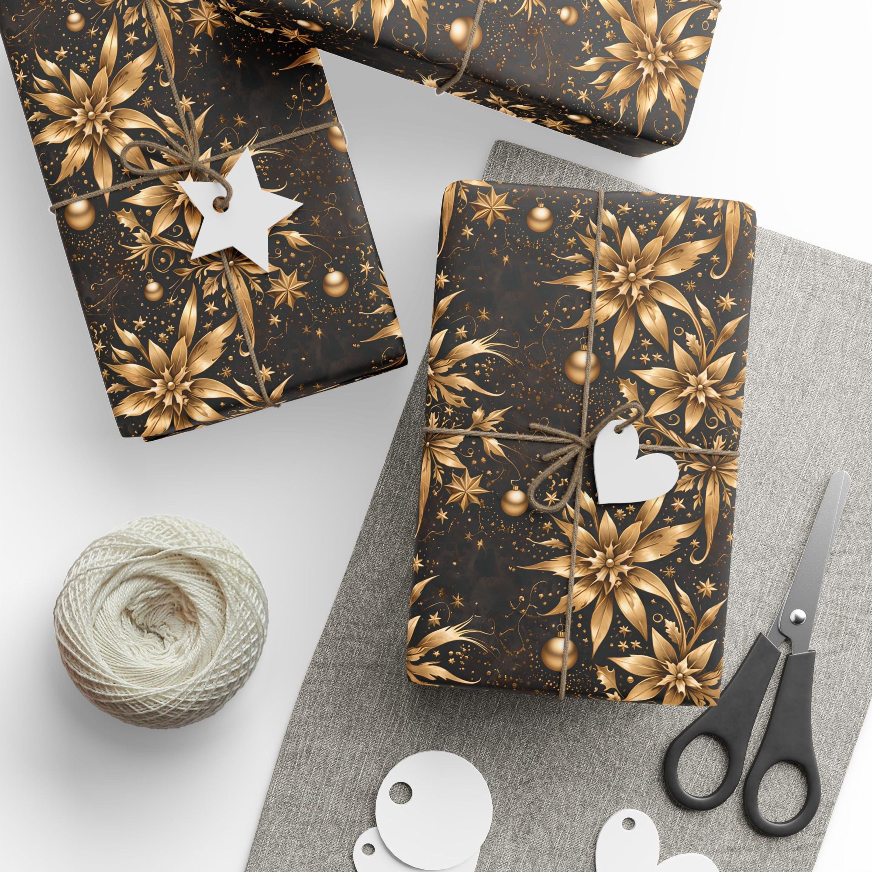 Wrapping Papers Classic Gold and Black Christmas Festive Floral Holiday ...