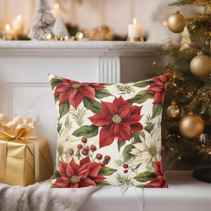 Poinsettia Christmas Pillow, Holiday Decor, Festive Cushion, Seasonal Throw Pillow, Xmas Home Accent, Winter Floral Decor
