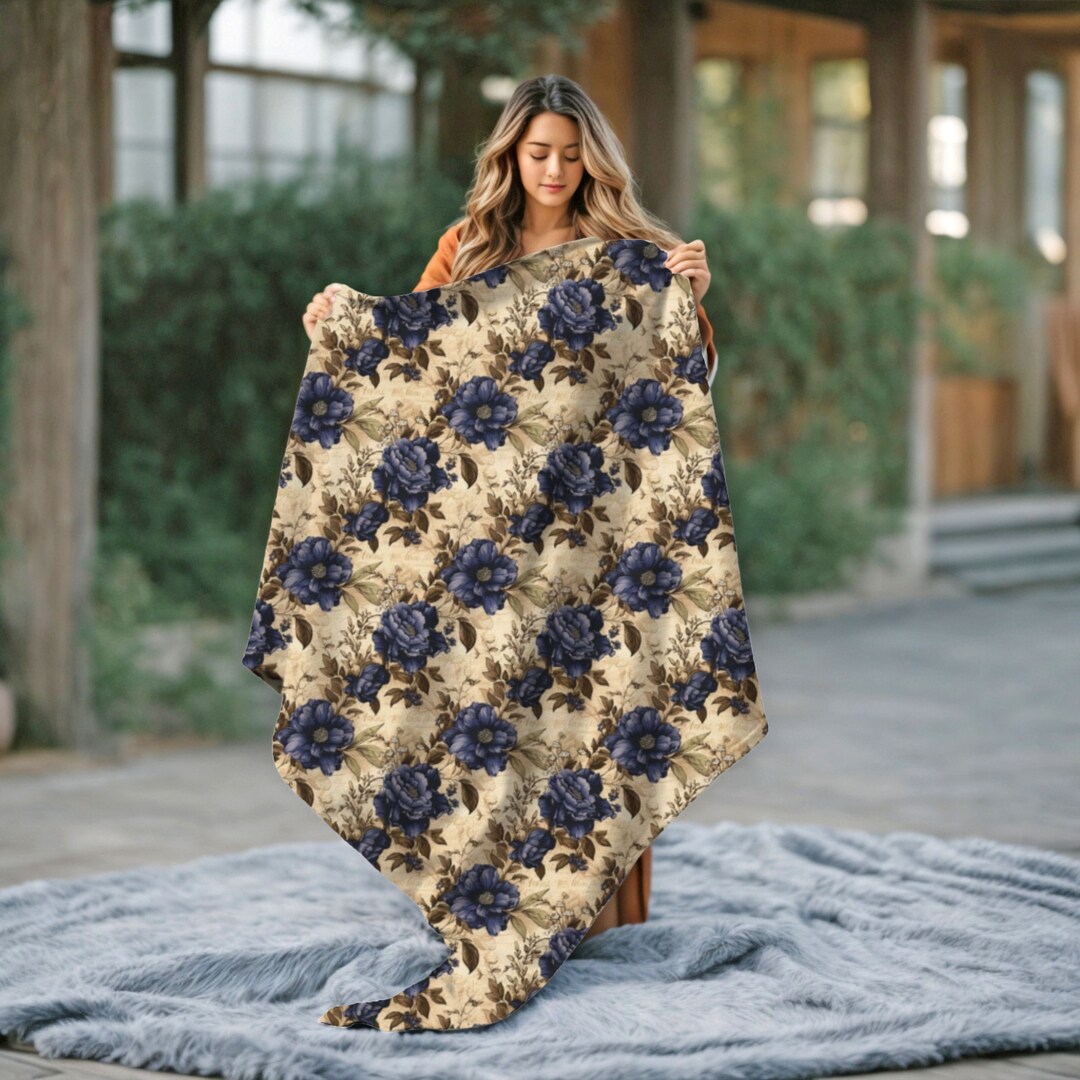 Vintage Floral Plush Blanket, Blue Rose Floral Blanket, Flower Pattern Blanket, Gift for Her