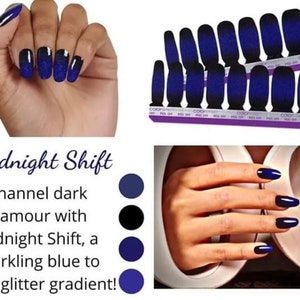 May include: Image features nail strips and manicured nails with a sparkling blue to black glitter gradient. The text "Midnight Shift" is displayed, along with the description "Channel dark glamour with Midnight Shift, a sparkling blue to black glitter gradient!"