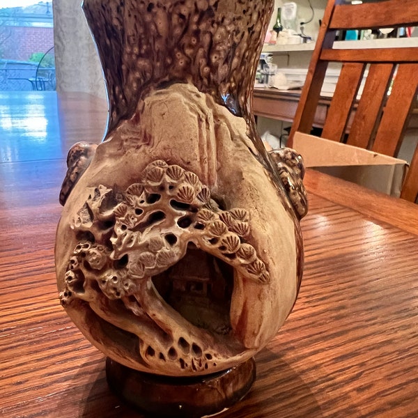 Vintage Bonsai Pottery Banko Ware hand Carved vase