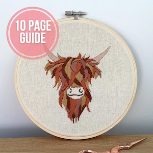 PDF PATTERN. Highland cow hoop embroidery pattern . Highland cow design. Digital download with guide.