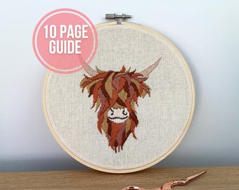 PDF PATTERN. Highland cow hoop embroidery pattern . Highland cow design. Digital download with guide.