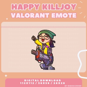 May include: A digital illustration of a cartoon character, Killjoy from the video game Valorant, riding a turret. She is wearing a green hat, yellow shirt, and pink gloves. The background is a light pink color with white stars.