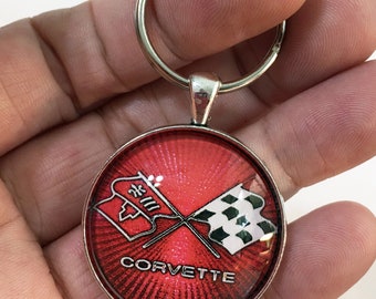 Vintage Chevrolet Corvette Racing Flags Nose Emblem Badge Chevy 1.2" Diameter Keychain