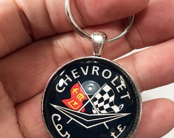 Vintage Chevrolet Corvette 1950's Chevy Corvette Racing Flags Sign Logo Badge Emblem  1.2" Diameter Keychain Black White