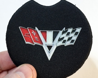 Vintage Chevy Racing V Flags Chrome Fender Badge Emblem logo design 2.75" Car Coaster Set (2 coasters)
