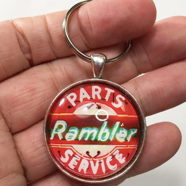 Vintage AMC Rambler Parts & Service Neon Sign American Motors Corporation Logo  1.2" Diameter Keychain