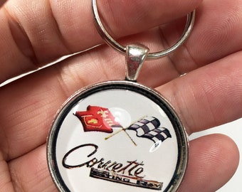 Vintage Chevrolet Corvette Sting Ray Chevy Corvette Racing Flags Sign Logo Badge Emblem  1.2" Diameter Keychain