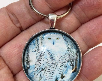 Winter Snowy Owl Jewelry 1.2" Diameter Keychain