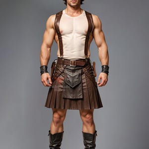 Genuine Brown Leather Kilt - Latest Design - Gladiator Leather Cosplay Costume Kilt