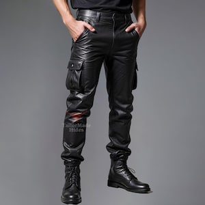 Echte schapenleren cargobroek heren - meerdere zakken zwarte leren broek voor heren - leren jeans - handgemaakte leren broek