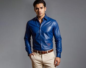 Handcrafted Blue Cow Leather Shirt - Classic Style, Made to Order