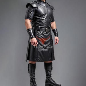 Latest Design Made to Order Leather Cosplay Costume Kilt - Genuine Black Leather Kilt