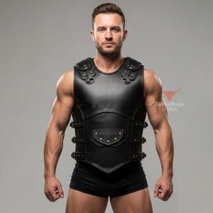 Handcrafted Black Leather Armor Vest: Stylish Warrior Costume