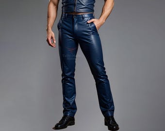 Men&#39;s Genuine Sheep Leather Pants - Navy Blue Leather Pants for Man - Leather Jeans - Handmade Leather Pants