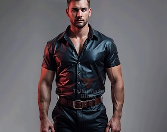 Handcrafted Sheep Leather Shirt: Men's Short Sleeve Button-Up