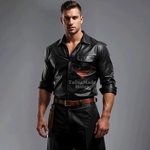 Men&#39;s Black Sheepskin Leather Shirt: Handmade Classic Style