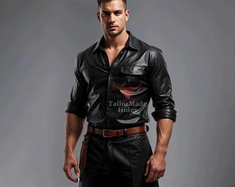 Camicia da uomo in pelle di pecora nera: stile classico fatto a mano