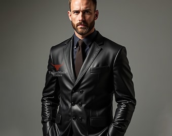 Handgefertigter Schwarzer Schafsleder Blazer: Herren Longline-Mantel